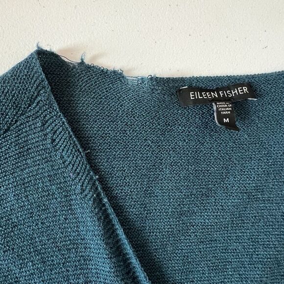 Eileen Fisher Long Line Cardigan Merino Wool Open Front Green Size Medium Mesh - Picture 5 of 11